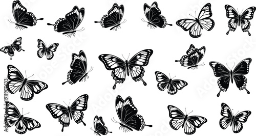 Butterfly silhouette collection in various flying poses isolated on white background featuring decorative wing patterns for nature, wildlife, tattoo design, decoration, and artistic illustration use
