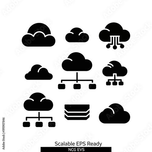 Collection of black cloud icons representing various weather conditions and data storage concepts.