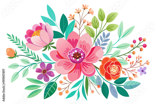 A lavish and vibrant bouquet composed of diverse colorful flowers, berries, and an assortment of lush green foliage.