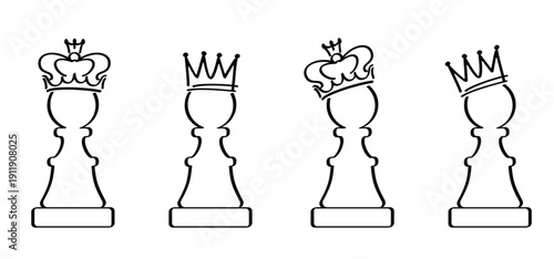 Chess Board Setup. Queen or king crowns. Black and white chess board pieces. Flat style the starting positions figures pieces tournament strategy silhouette. checker board. Square checkered print