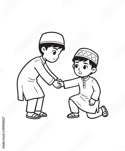 A Kind Young Boy Reaching Out to Help His Friend Stand Up Demonstrating Islamic Values of Brotherhood and Charity