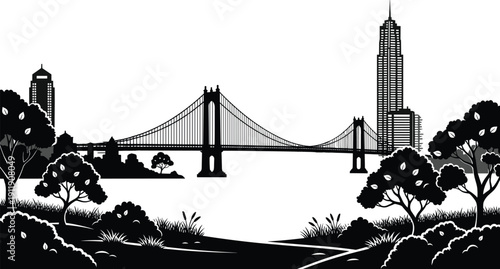 Detailed city landscape illustration featuring a large suspension bridge, modern skyscrapers, lush park trees, and riverfront greenery in a clean flat black style silhouette.