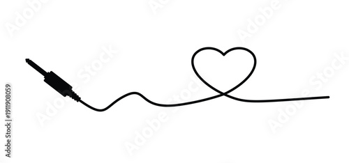 Audio plug wire and love heart icon. Audiojack, for 14 february, valentine, valentines day. Audio cable with jack socket. Microphone plug or microphone jack explanation. Jack plug. Audio Cable.