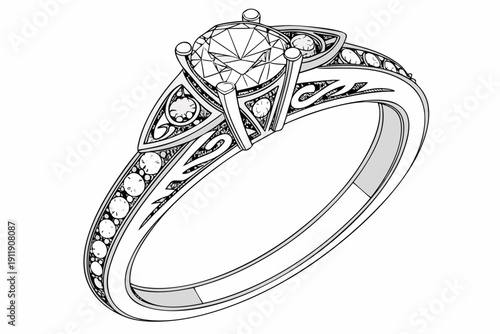 An ornate diamond engagement ring showcasing a brilliant central gemstone flanked by elaborate filigree scrollwork and pavé accents.