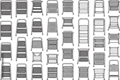An abstract composition showcasing a varied collection of step ladders, each exhibiting unique structural designs and functional aspects.