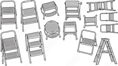 A diverse collection of step ladders and folding step stools, displayed in a variety of styles, suitable for domestic or professional tasks. 