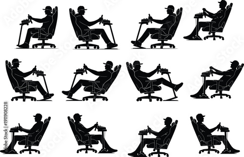 Black Sim Racing Silhouette Collection Featuring Gamers in Racing Seats with Steering Wheels and Pedals for E-sports Vector Illustration Design