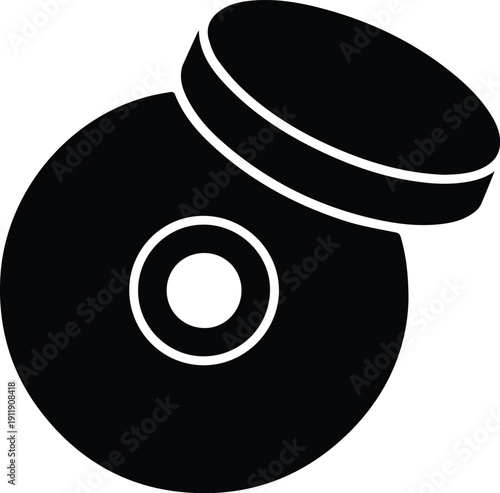 Two black circular icons, one flat and one tilted CD or DVD disc data