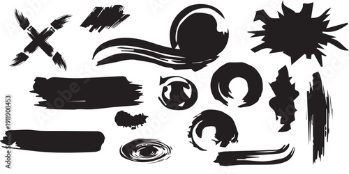 Collection of Black Ink Brush Strokes and Splatters.
