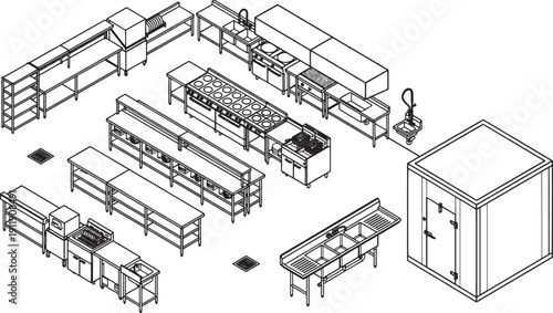 An isometric diagram showcases a modern restaurant kitchen. 