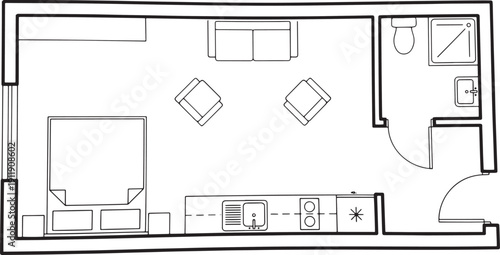 Detailed architectural top-down view of a contemporary studio apartment layout, minimalist design with clear room divisions and furnishings. 