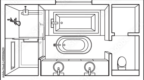 An architectural depiction of a luxurious bathroom, showcasing a meticulous design layout.