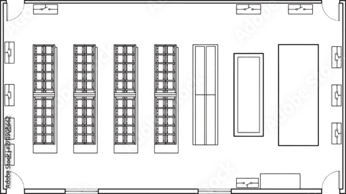 Top-down perspective of an empty retail space, with detailed architectural plans revealing the layout and design of shelving and product arrangement.