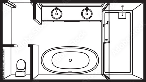 A detailed top-down line art illustration of a modern bathroom layout, showcasing various essential elements arranged thoughtfully.