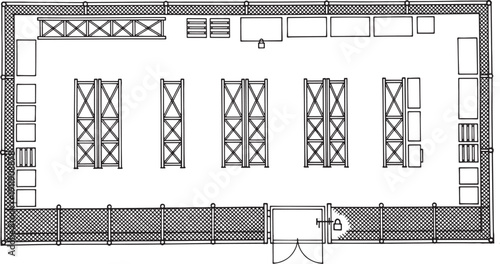Blueprint of warehouse with various racks and shelving units, indicating the architectural layout.