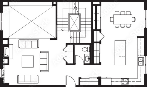Top-down view of modern house interior design plan, ideal for architectural renderings, featuring stylish elements and efficient layouts.