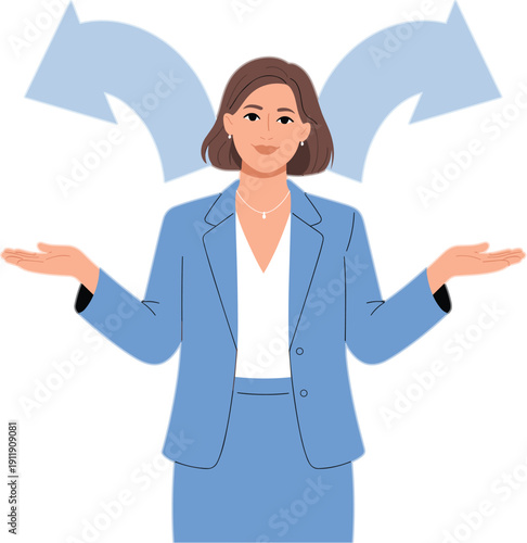 Businesswoman choosing between two directions with arrows behind, decision making and comparison concept illustration for career, strategy, and problem solving
