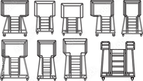 Various perspectives of rolling stairs on a monochrome background, the design is a complex yet straightforward engineering marvel. 