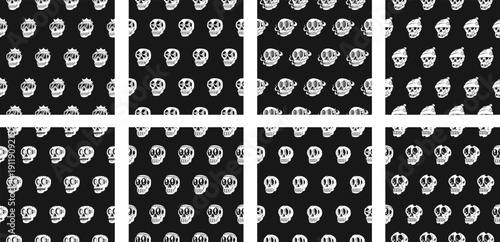 Vector skull head seamless pattern design bundle. Urban streetwear pattern design for clothing apparel. Vector design