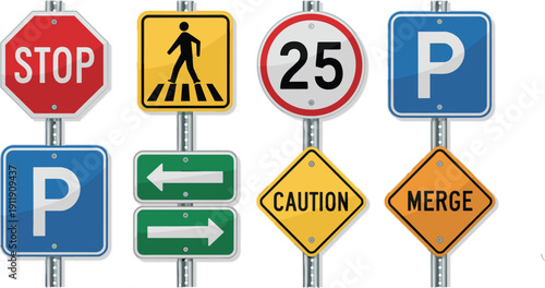 Realistic road traffic signs collection with stop, pedestrian crossing, speed limit, parking, caution and merge symbols on metal poles for transportation safety design