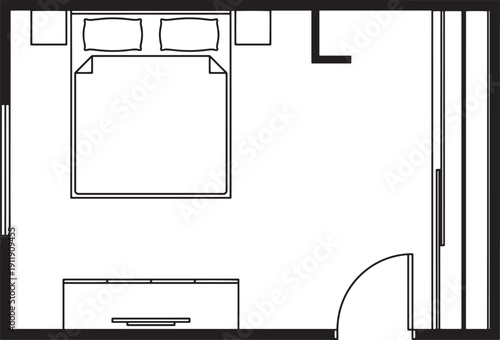 A minimalist, top-down view of a contemporary bedroom layout, focusing on functionality and spatial awareness.