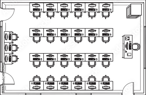 A top-down architectural diagram of a modern office, showing a grid-like arrangement of workstations and equipment, highlighting efficiency and collaborative design.