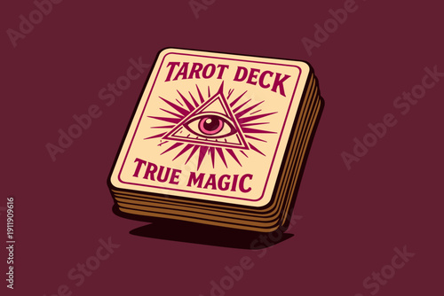 Retro Tarot Deck Stack Illustration featuring the Eye of Providence Symbol. Occult Magic and Fortune Telling Esoteric Vector Design.
