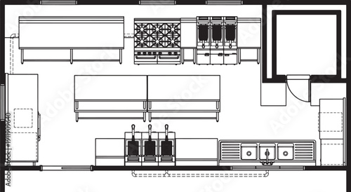 A top-down view of a functional commercial kitchen layout, providing a comprehensive design perspective.