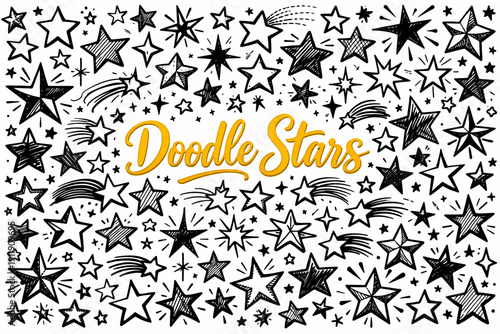 Hand Drawn Doodle Stars Pattern Background. Sketchy ink vector art texture with cosmic elements, shooting stars, and whimsical rating icons.