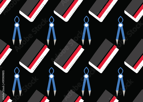 Seamless pattern of books and drafting compasses on a black background for education.