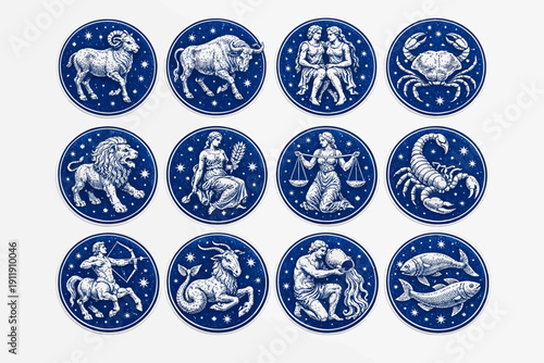 Retro Zodiac Signs Set: All 12 Engraved Horoscope Symbols. Vintage Celestial Astrology Icons (Aries, Taurus, Gemini, Cancer, Leo, Virgo, Libra, Scorpio, Capricorn, Aquarius, Pisces).