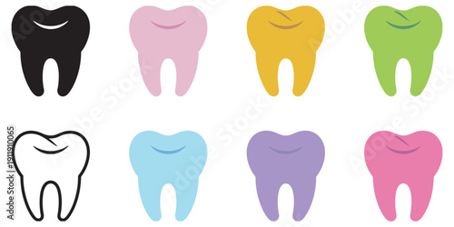 Colorful tooth vector icons set, flat cartoon style, dental care, oral health, dentistry clinic graphics, medical illustrations, dental hygiene design projects