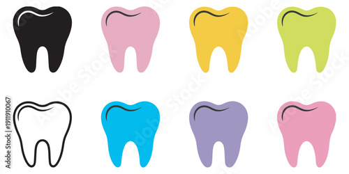 Dental care and tooth icons vector set, colorful flat cartoon style, oral health, dentistry clinics, medical illustrations, dental hygiene project graphics