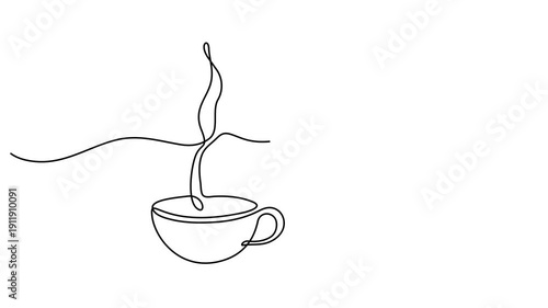 Continuous one line drawing teapot pouring tea cup animation video. Elegant continuous line drawing of a teapot pouring tea into a cup and saucer. Full length single line art 4K animation