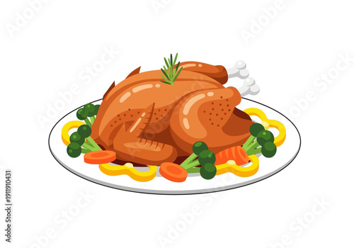 A delicious, golden-brown roasted chicken centerpiece with colorful vegetables on a white platter