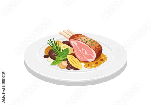 Delicious rack of lamb served on a white plate with garnishes and a drizzle of sauce