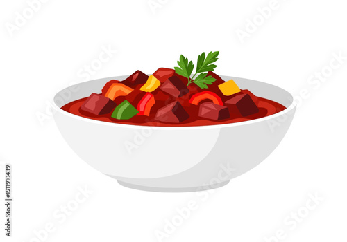 Hearty Bowl of Goulash with Vegetables and Fresh Parsley Garnish