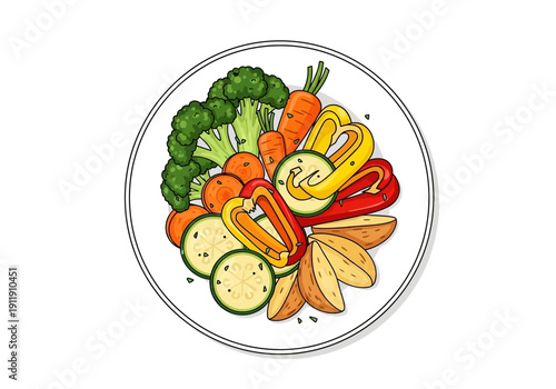 A vibrant overhead view of a plate filled with fresh, healthy vegetables and potato wedges, showcasing a delicious and nutritious meal