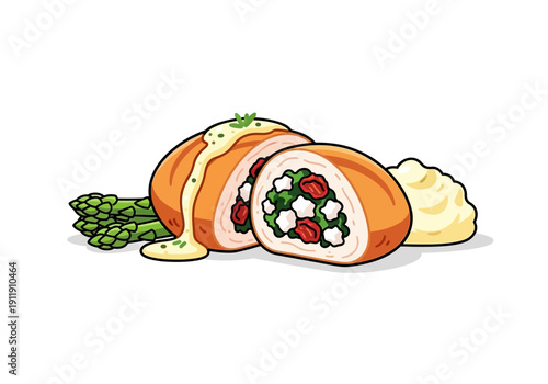 Deliciously Stuffed Chicken Breast with Creamy Mashed Potatoes and Fresh Asparagus, a Gourmet Meal