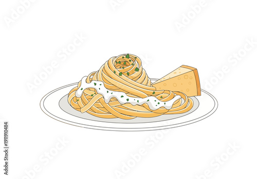 Delicious plate of spaghetti carbonara with a slice of parmesan cheese, ready to be served and enjoyed as a meal