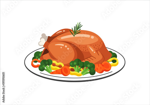 Deliciously roasted turkey centerpiece surrounded by colorful vegetables, a festive meal