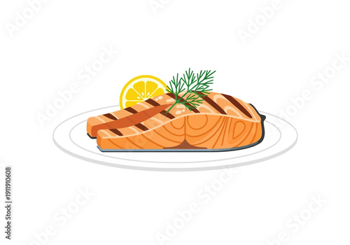 Grilled Salmon Fillet with Lemon and Dill, a Delicious Seafood Dish on a White Plate