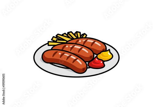 Delicious plate of sausages and french fries with ketchup and mustard