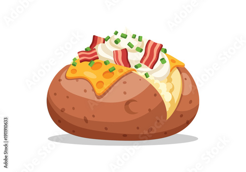 A delicious loaded baked potato with cheese, bacon, sour cream, and chives, perfect for a hearty meal