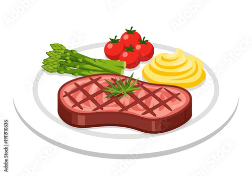 Delicious grilled steak served with fresh asparagus, ripe tomatoes, and creamy mashed potatoes on a white plate