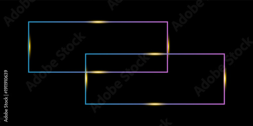 Neon rectangular frame with shining effects on dark background. Empty glowing techno backdrop. Vector illustration.