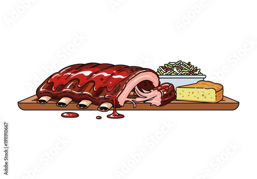 Delicious BBQ Pork Ribs with a Side of Coleslaw and Cornbread on a Wooden Board