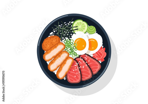 Delicious Japanese Salmon Donburi Bowl with Egg and Tuna Illustration