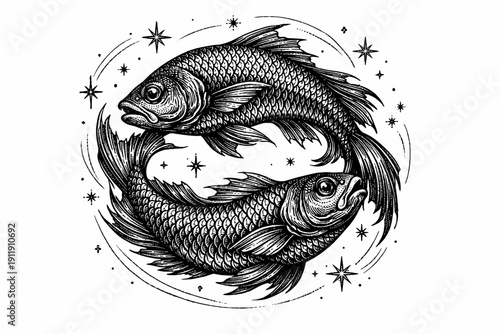 Black and White Engraving Style Illustration of Two Fish (Pisces Zodiac Symbol) surrounded by celestial stars. Vintage occult tattoo art design.