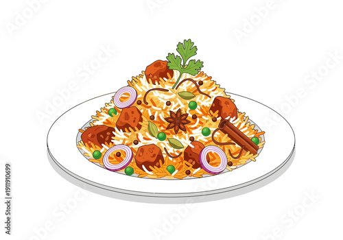 Delicious Indian Biryani Rice Dish with Meat, Spices, and Vegetables on a Plate